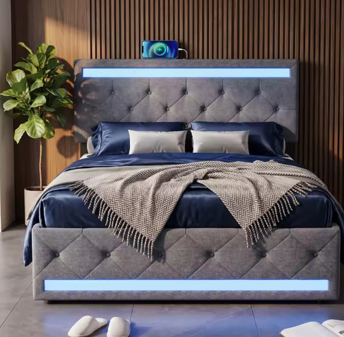 Dark linen upholstered bed