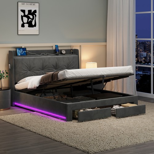 Double bed frame with - bed, drawers